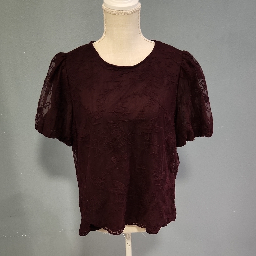 Adrianna Papell Floral Sheer Lace Puff Sleeves Boxy Blouse Preppy Whimsigoth